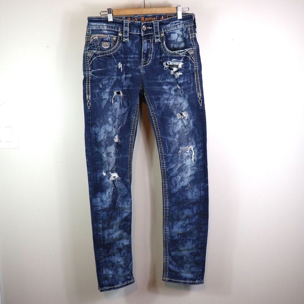 Rock Revival Blue Acid Wash Hern Alt Straight Distressed Jeans 31